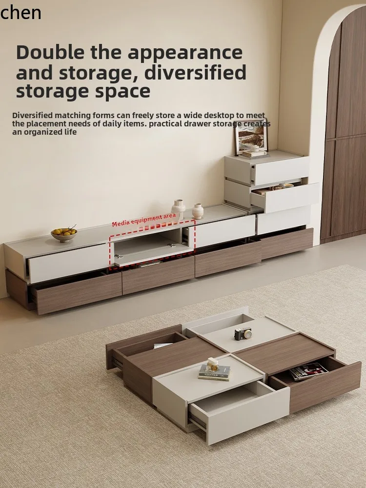 Storage & Organization - W5.19 ตู้วางทีวีไม้จริงแบบติดผนัง, โต๊ะกาแฟอเนกประสงค์สำหรับห้องนั่งเล่นในอพาร์ทเมนต์ขนาดเล็กพร้อมตู้เก็บของ