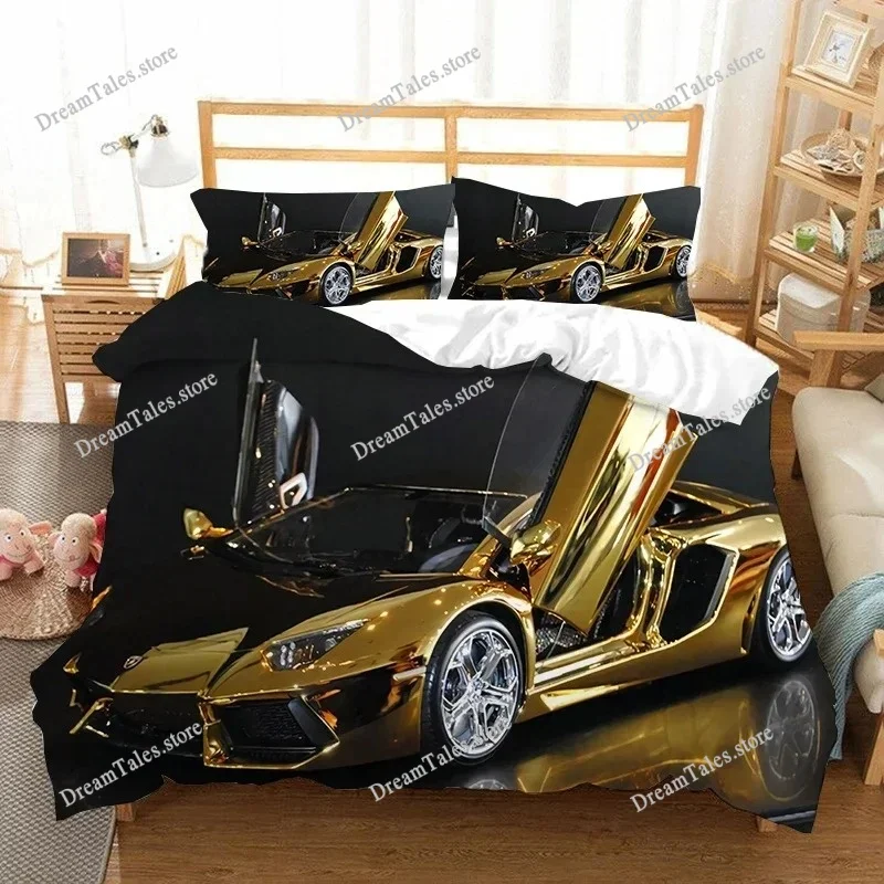 Duvet Cover Sets With Zipper - ชุดเครื่องนอนรถสปอร์ต, ผ้าห่มไมโครไฟเบอร์นุ่มพิมพ์ลายรถแข่ง 3 มิติ พร้อมซิปและปลอกหมอนสำหรับผู้ใหญ่และเด็ก
