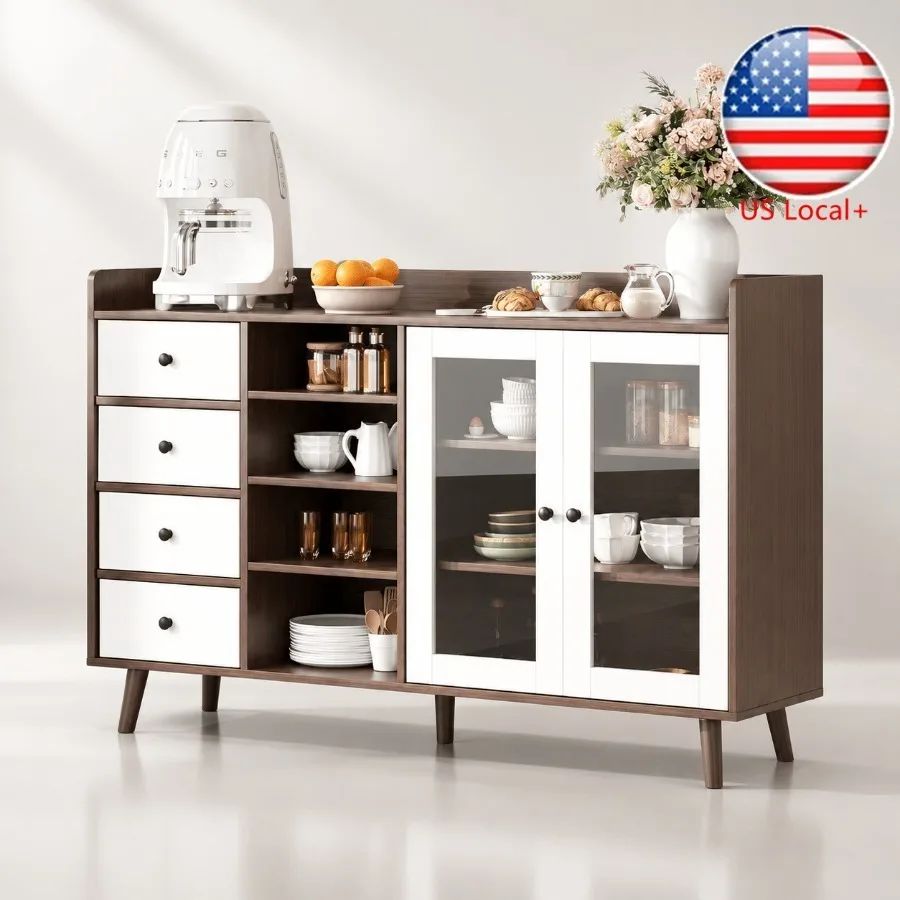 Storage & Organization - ตู้ข้างโซฟาบานกระจก 55 นิ้ว สำหรับห้องนั่งเล่น วัสดุไม้ผสมกระจกนิรภัย สีดำด้าน