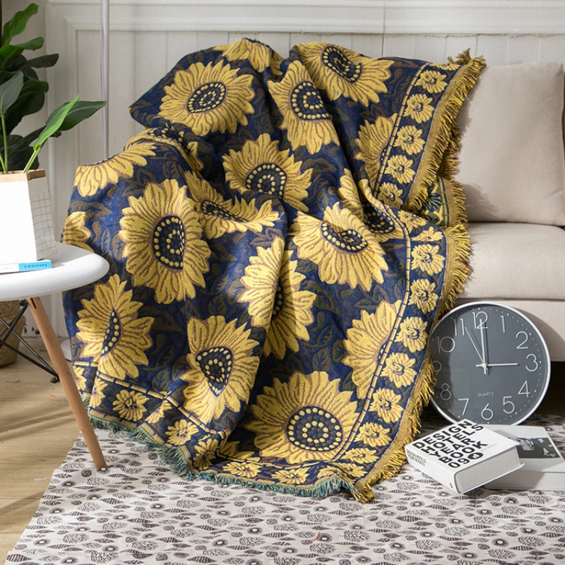 Boho Throw Blanket Fringe - ผ้าปูในเมืองผ้าคอตตอนลายดอกทานตะวันสีน้ำเงินชนบทผ้าคลุมโซฟากันฝุ่นผ้าหนาสไตล์ชนบทผ้าคลุมเตียงอุ่น