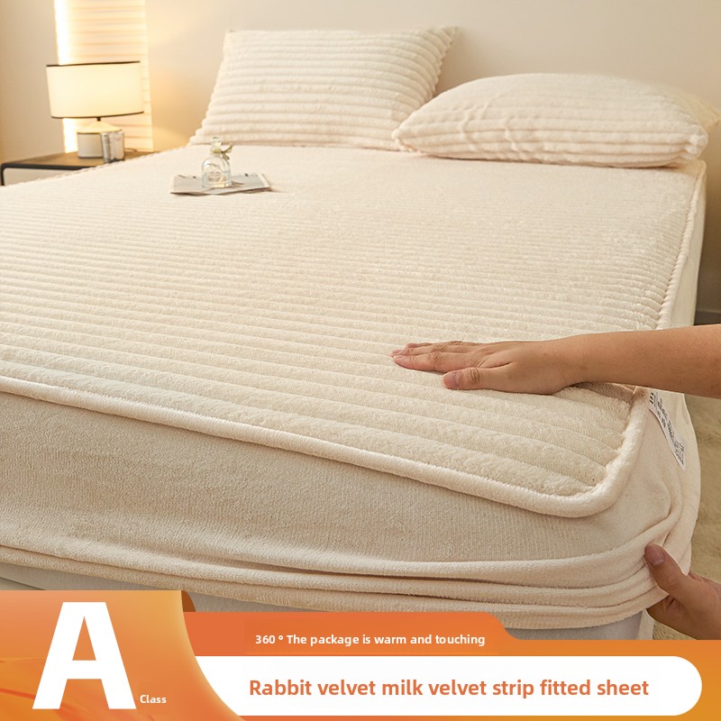 Fitted Bed Sheets Deep Pocket - ชุดผ้าปูที่นอนขนกระต่ายเทียมสำหรับฤดูหนาว พร้อมปลอกหมอน 2 ใบ แบบมีกระเป๋าลึก ผ้ากำมะหยี่หนานุ่ม