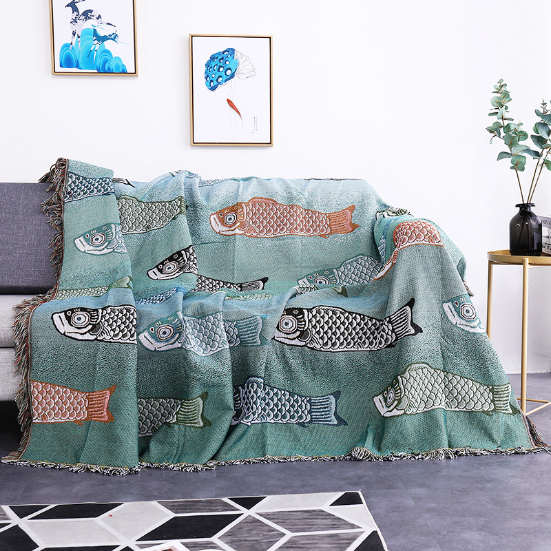 Boho Throw Blanket Fringe - ผ้าห่มทอแจ็คการ์ดลายปลาคาร์ฟ ผ้าห่มลายทะเลสไตล์โบโฮ พร้อมพู่ห้อยตกแต่ง ผ้าห่มโซฟาสไตล์ชายฝั่ง สำหรับตกแต่งบ้าน